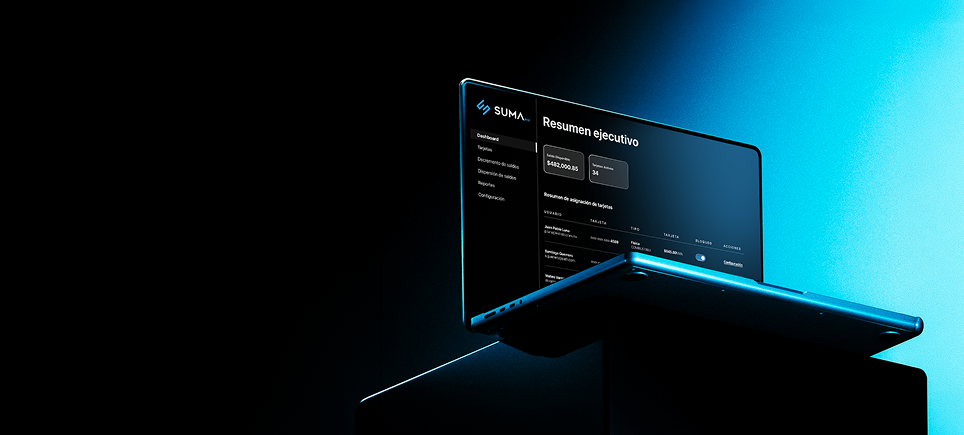 Dashboard de resumen ejecutivo de la plataforma SumaPay en una laptop